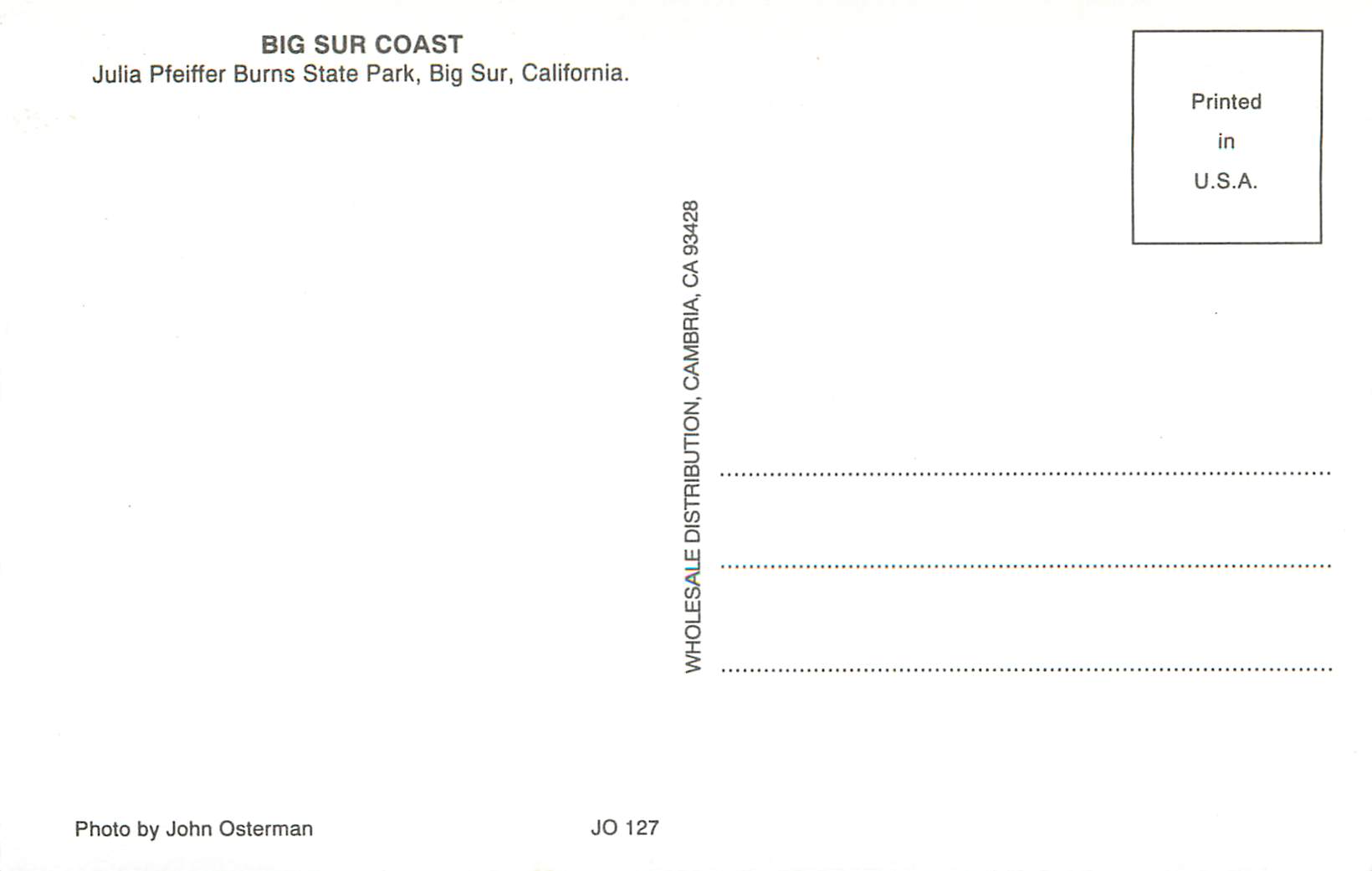 CPM Big Sur Coast Julia Pfeiffer Burns State Park Big Sur California — Back