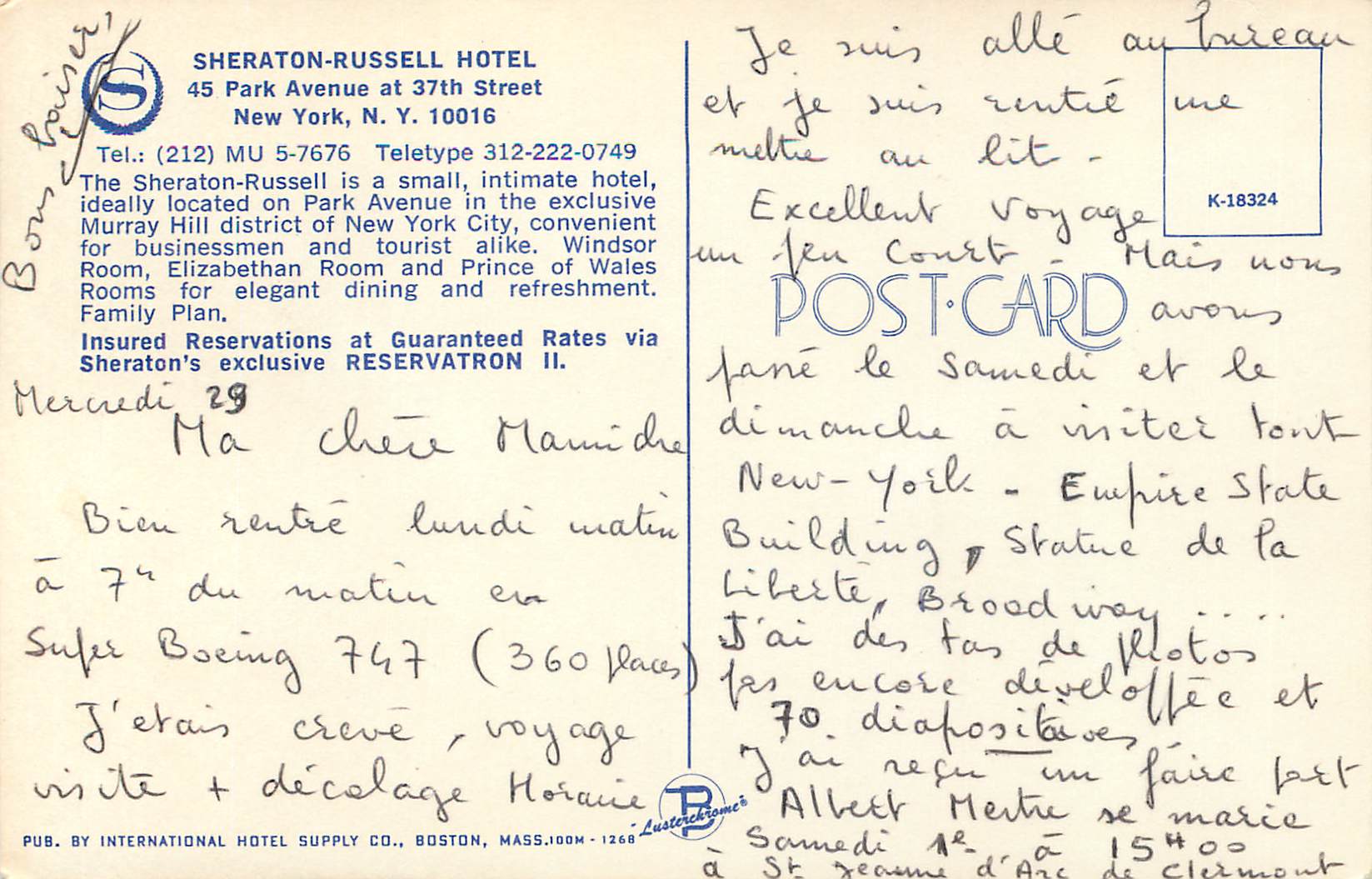 CPM Shrtzyon Russell Hotel 45 Park Avenue at 37 th Street New York  — Back