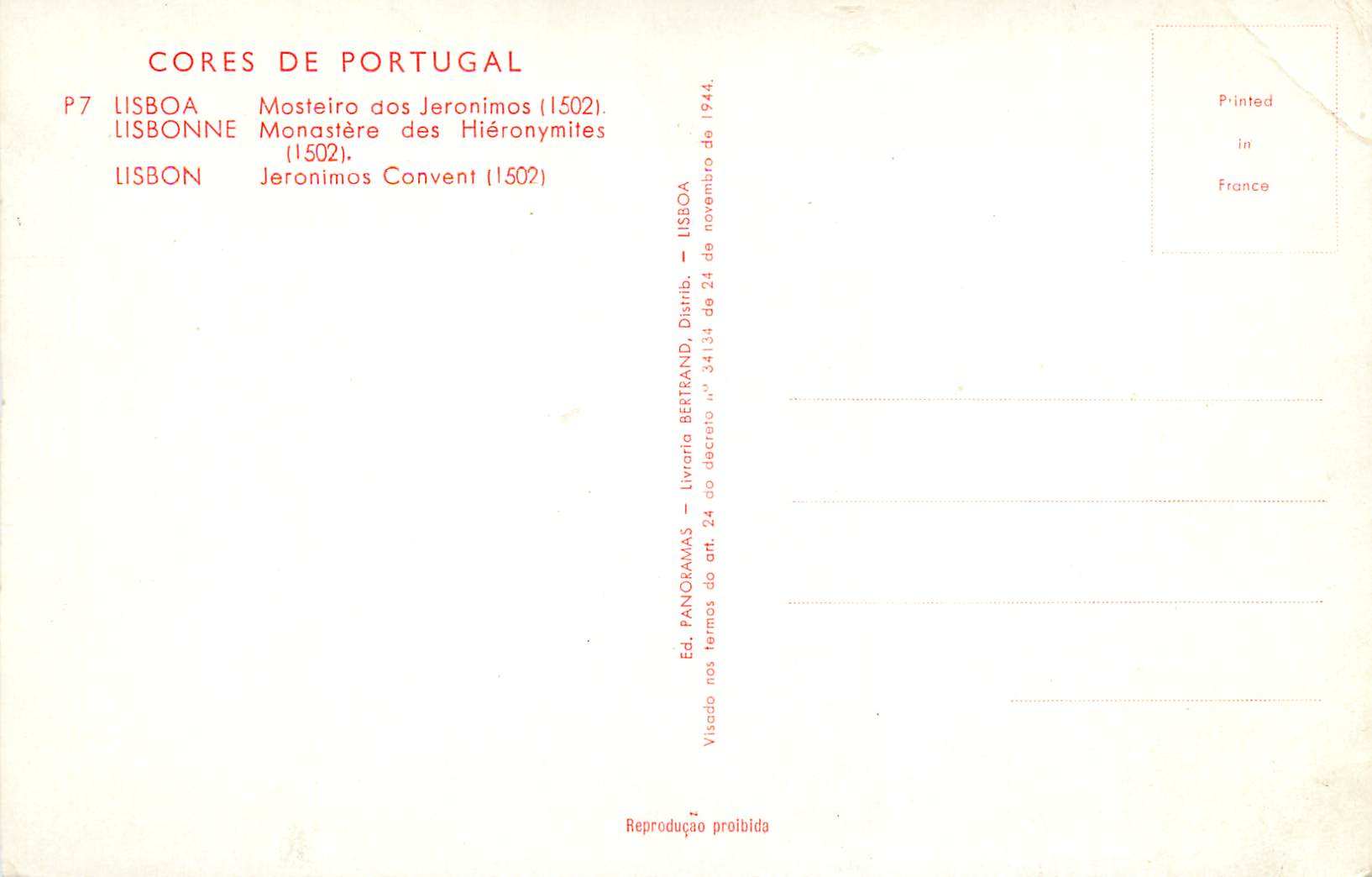 CPM Cores de Portugal Lisbonne Monastere des Hieronymites — Back