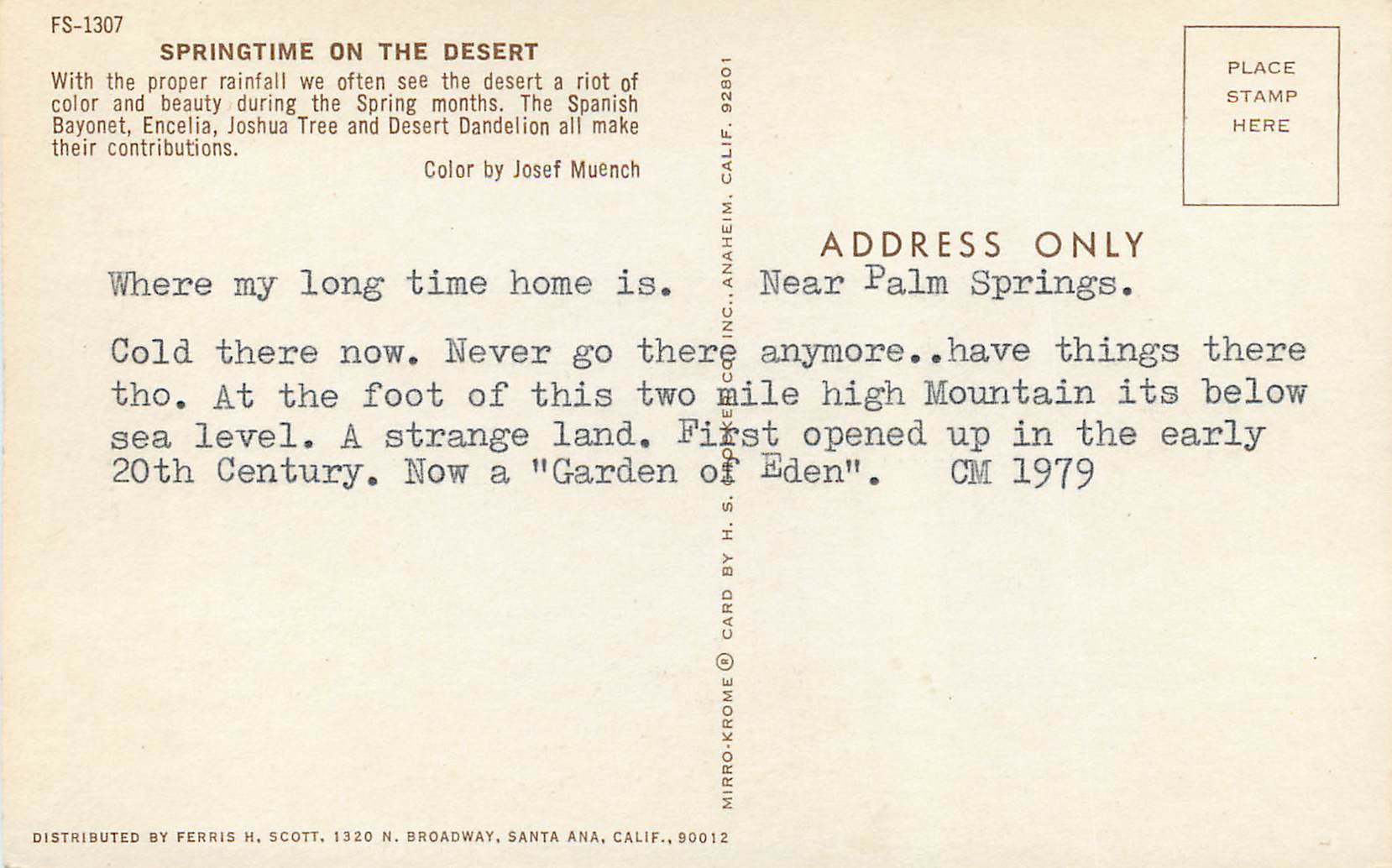 Palm Springs — Springtime on the Desert — H.S. Mirro-Krome Co. Inc. — Back