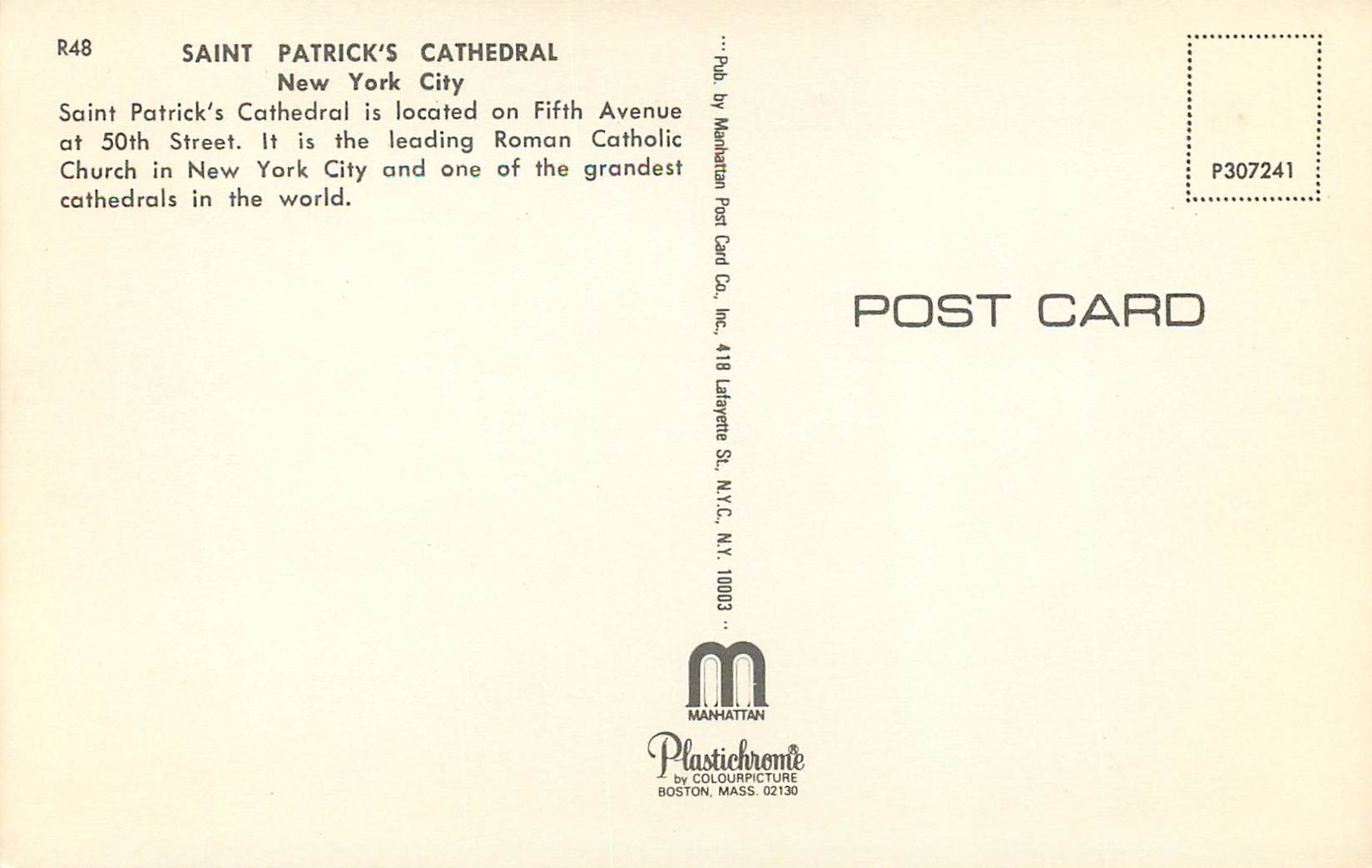 CPM Saint Patrick's Cathedral New York City — Rückseite