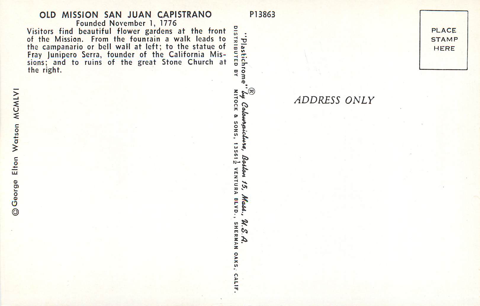 CPM Old Mission San Juan capistrano Founder of the California Missions — Rückseite