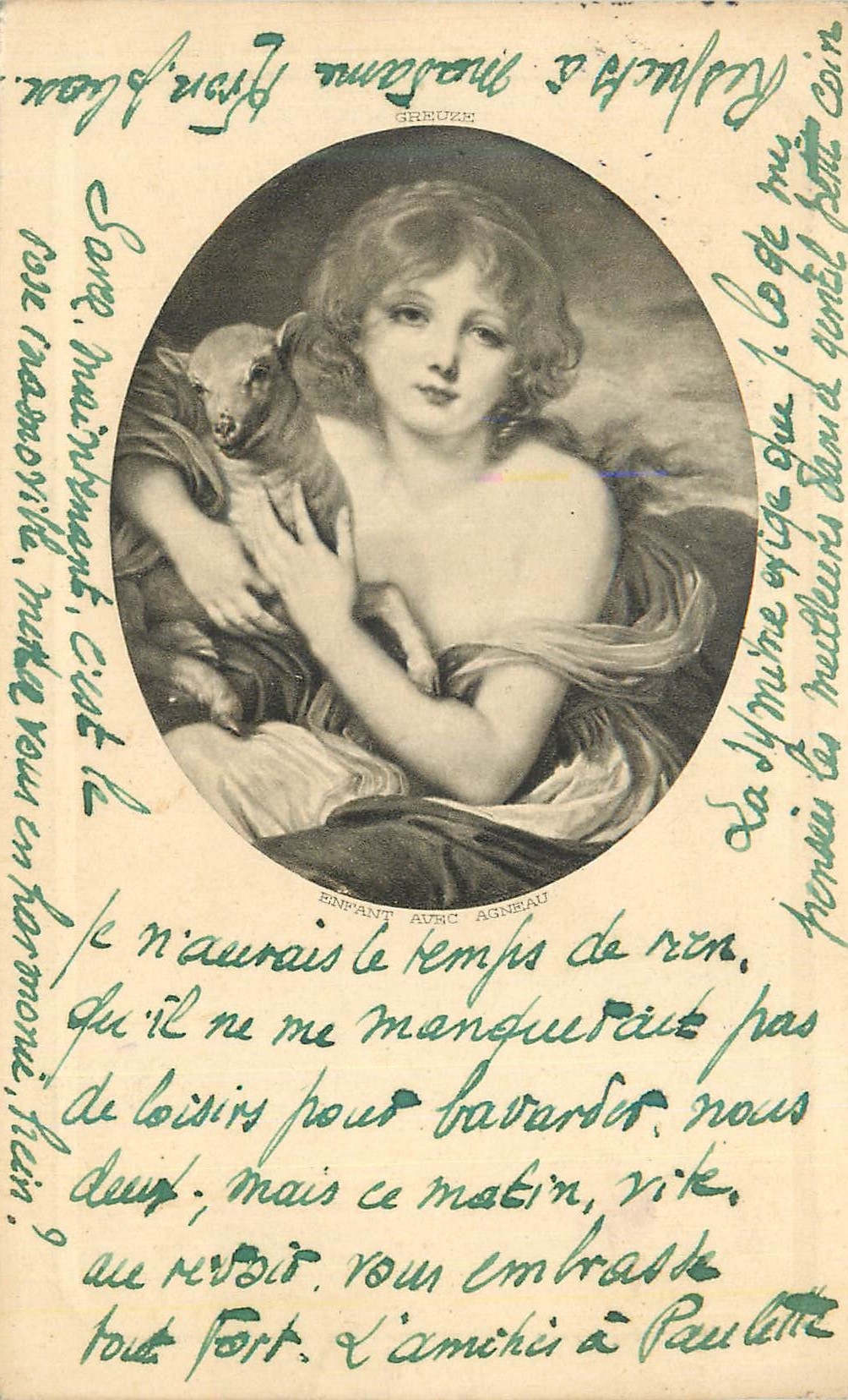 Enfant avec agneau — gravure de Greuze — éditeur non identifié