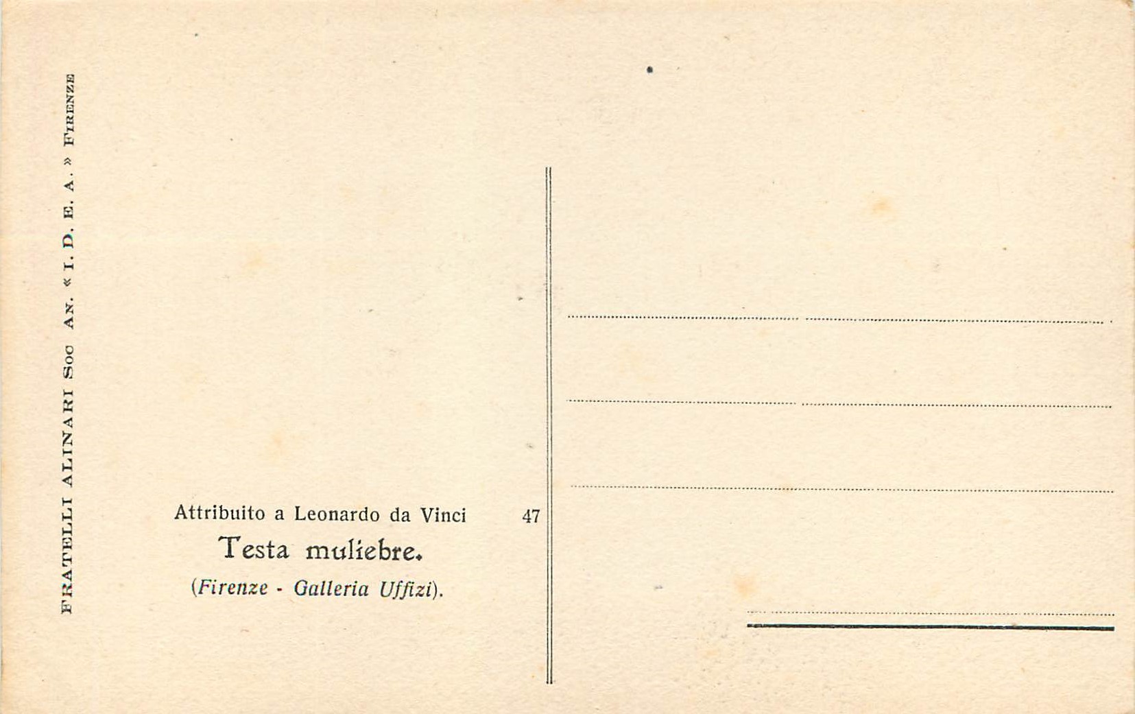 CPA Attribuito a Leonardo da Vinci Testa Muliebre (Firenze Galleria Uffizi) — Verso