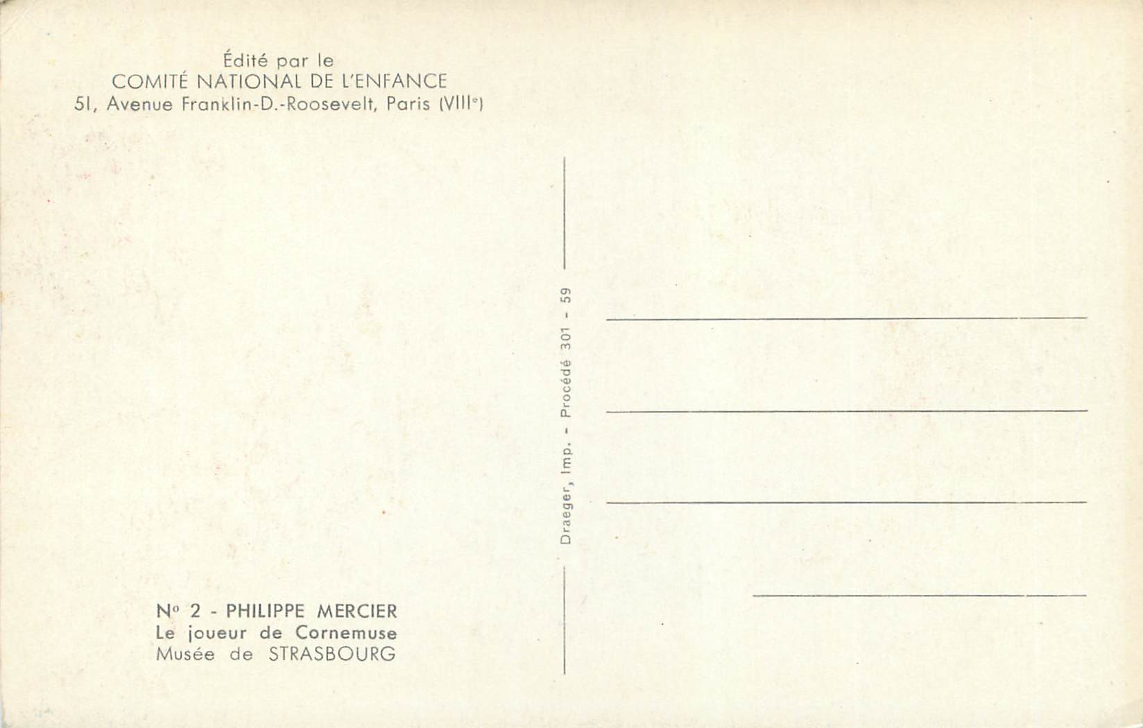 CPA Philippe Mericer Le Joueur de Cornemuse Musee de Strasbourg — Rückseite