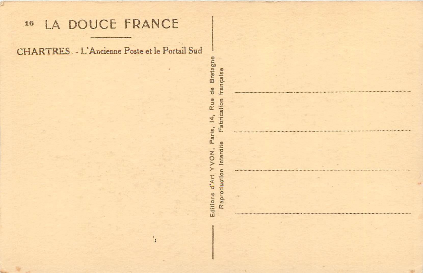 Chartres — L'Ancienne Poste et le Portail Sud — Éditions d'Art YVON — Rückseite