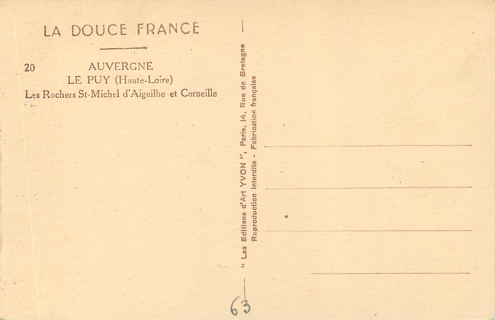 Le Puy (Haute-Loire) — Les Rochers Saint-Michel d'Aiguilhe et Cornille — Éditions d'Art Yvon — Rückseite
