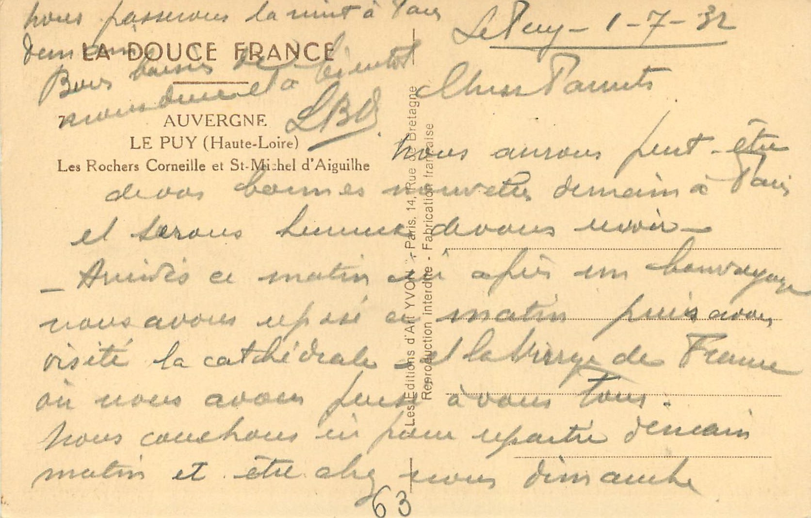 CPA la Douce France Auvergne le Puy (Haute Loire) les Rochers Corneille et St Michel d'Aiguilhe — Rückseite