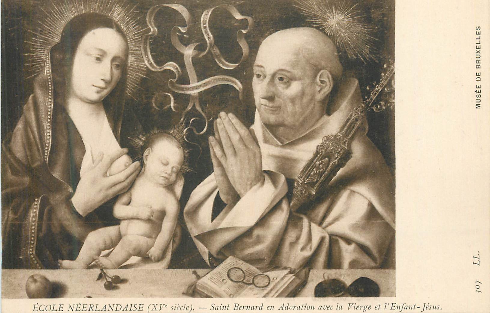 CPA Musee de Bruxelles Ecole Neerlandaise (XVe siecle) Saint Bernard en Adoration avec la Vierge et l'Enfant Jesus 