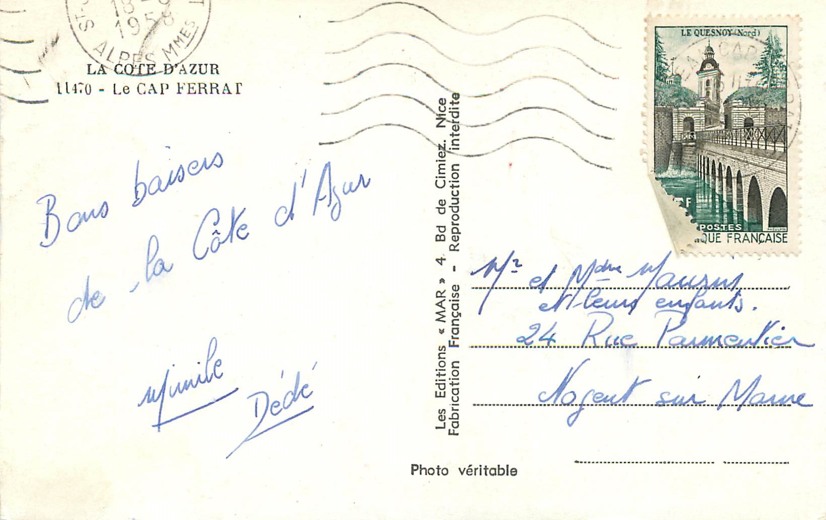 CPM la Cote d'Azur le Cap Ferrat — Verso