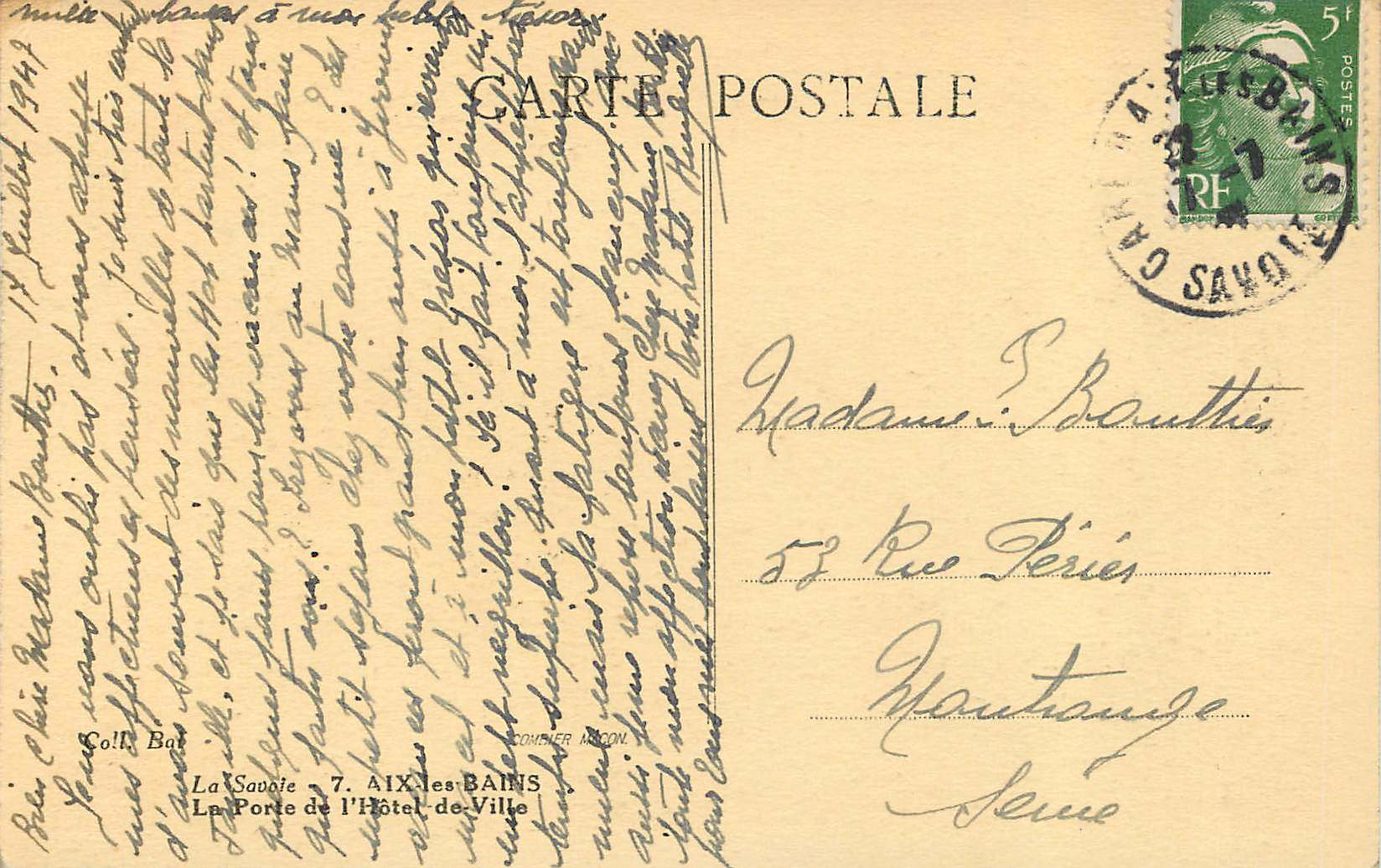 CPA Aix les Bains la Savoie la Porte de l'Hotel de Ville — Rückseite