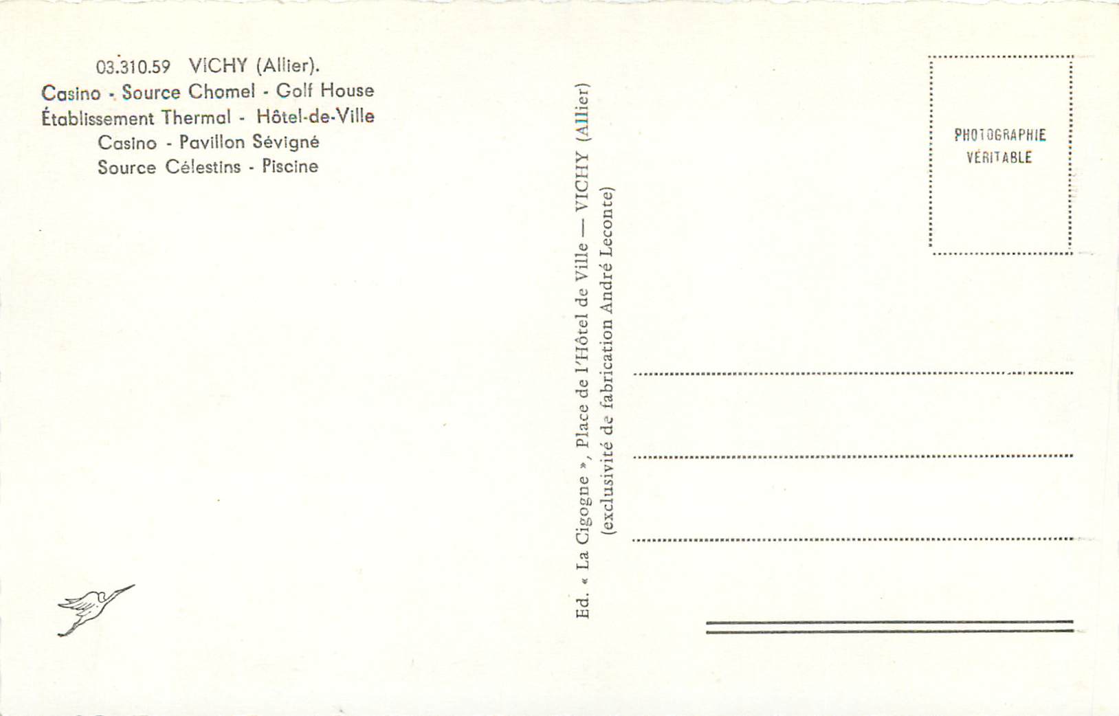 Vichy — Lieu de thermalisme et de loisirs — Éd. La Cigogne, Vichy — Verso