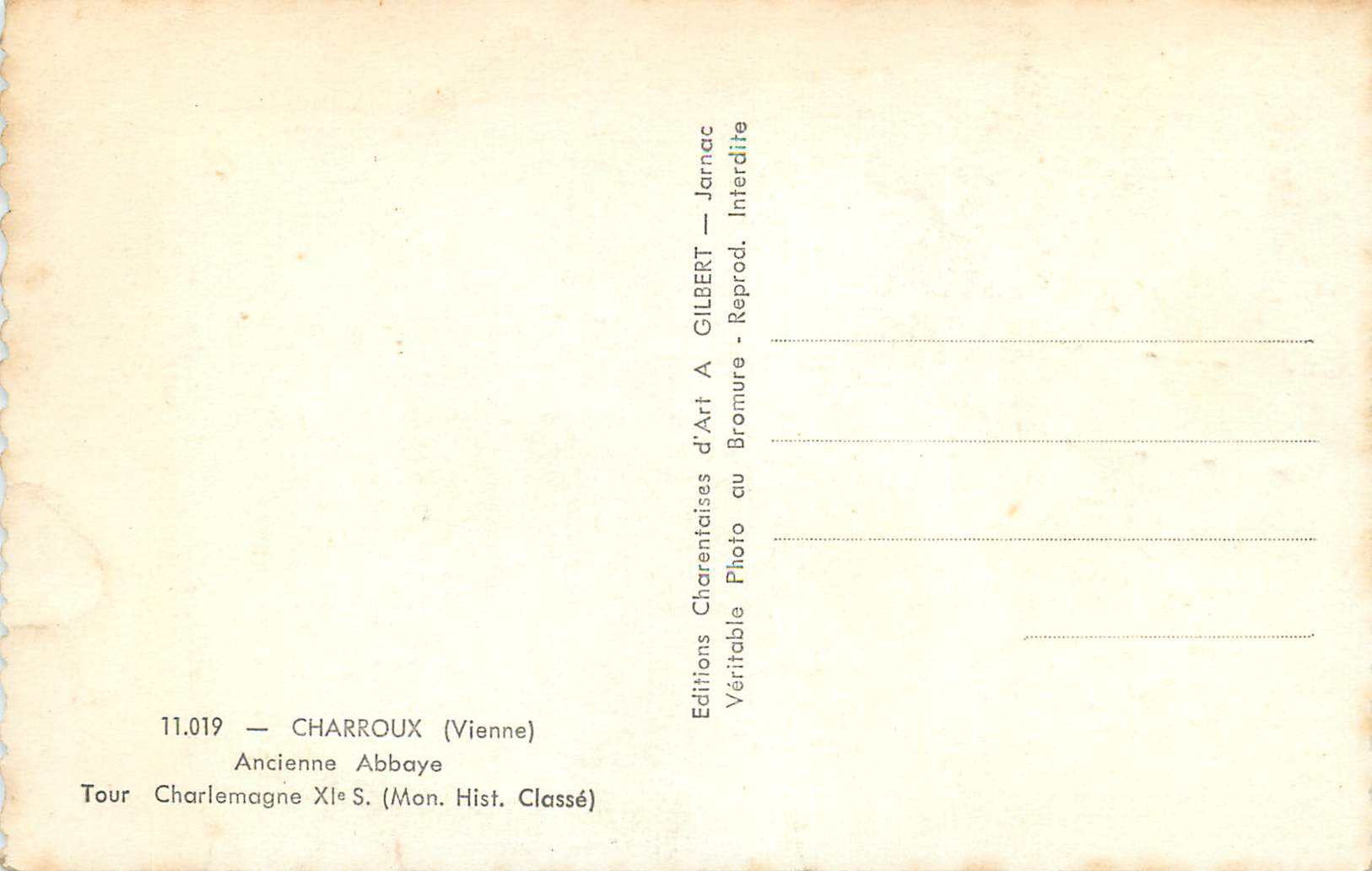 CPM Charroux (Vienne) Ancienne Abbaye Tour Charlemagne XIe S (Mont Hist Classe) — Back