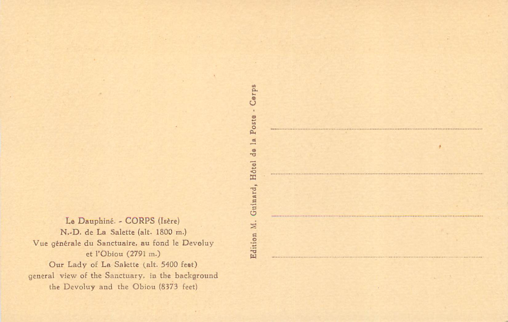 Le Dauphiné - CORPS (Isère) — Vue générale du Sanctuaire, au fond le Devoluy et l'Obiou — Édition M. GAINARD — Rückseite