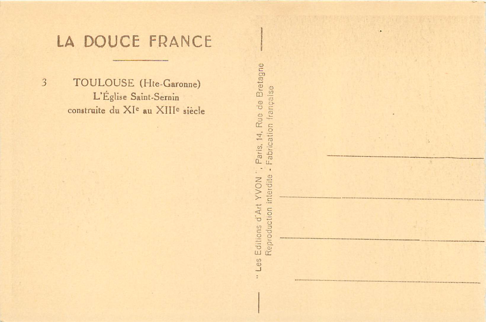 Toulouse — Église Saint-Sernin — Éditions d'Art YVON — Verso