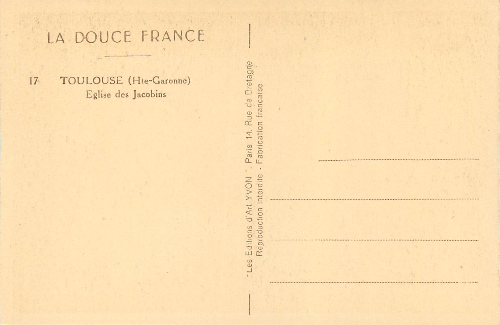 CPA La Douce France Toulouse (Hte Garonne) Eglise Saint des Jacobins — Verso