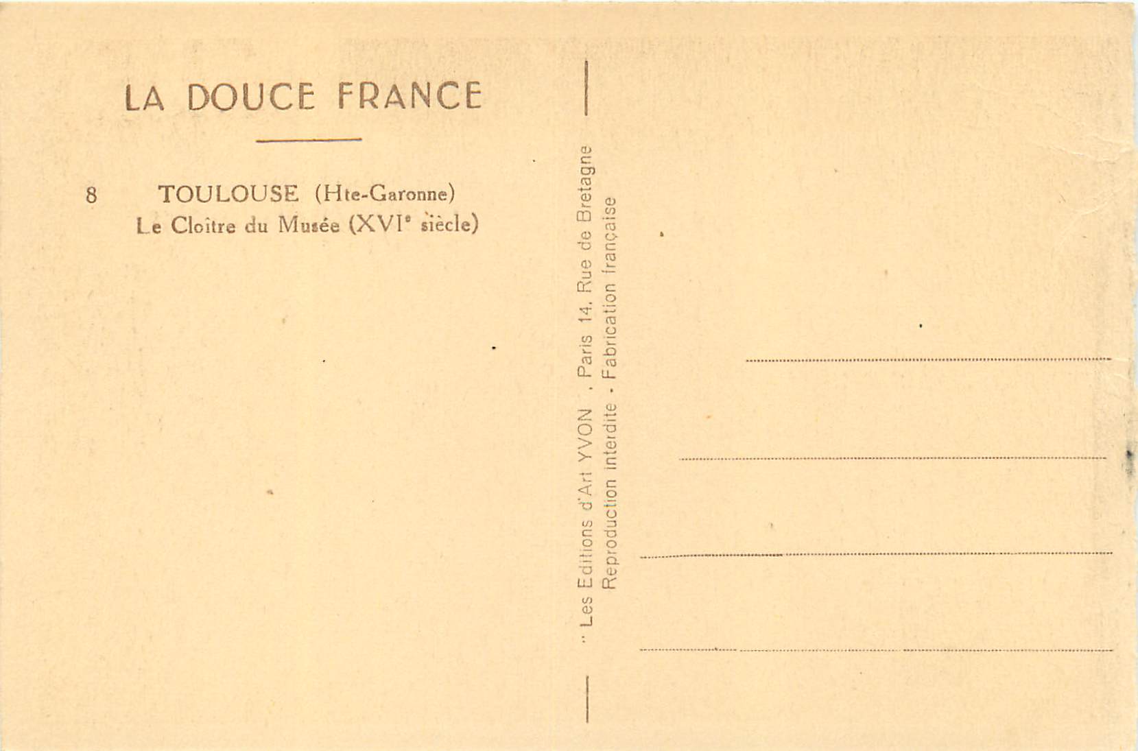Der Cloister des Museums — Toulouse (Hte-Garonne) — Éditions d'Art YVON — Rückseite