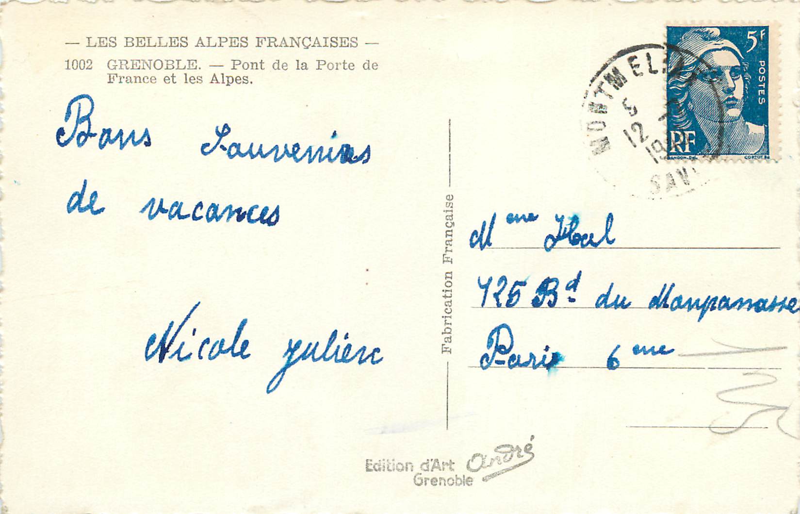 CPM Les Belles Alpes Francaises Grenoble Pont de la Porte de France et les Alpes — Rückseite