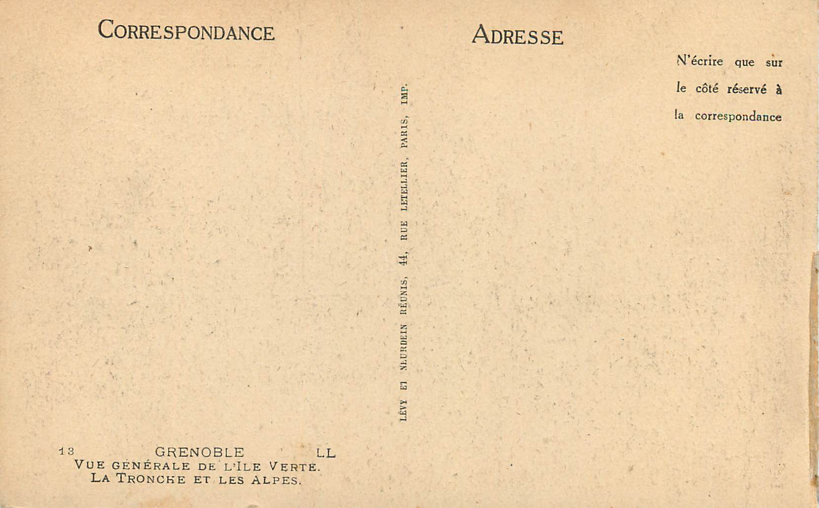 Grenoble — Vue générale de l'Île Verte et les Alpes — Lévy et Naudrein Réunis, Imp. Paris, Letellier — Rückseite