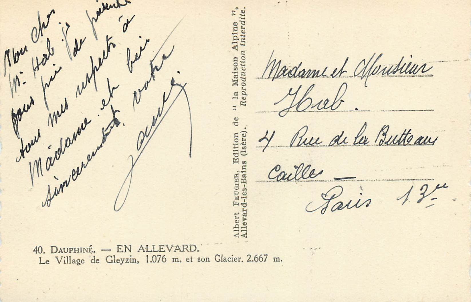 Le Village de Gleyzin — EN ALLEVARD — Albert Feuerga, Edition de « la Maison Alpine » — Rückseite