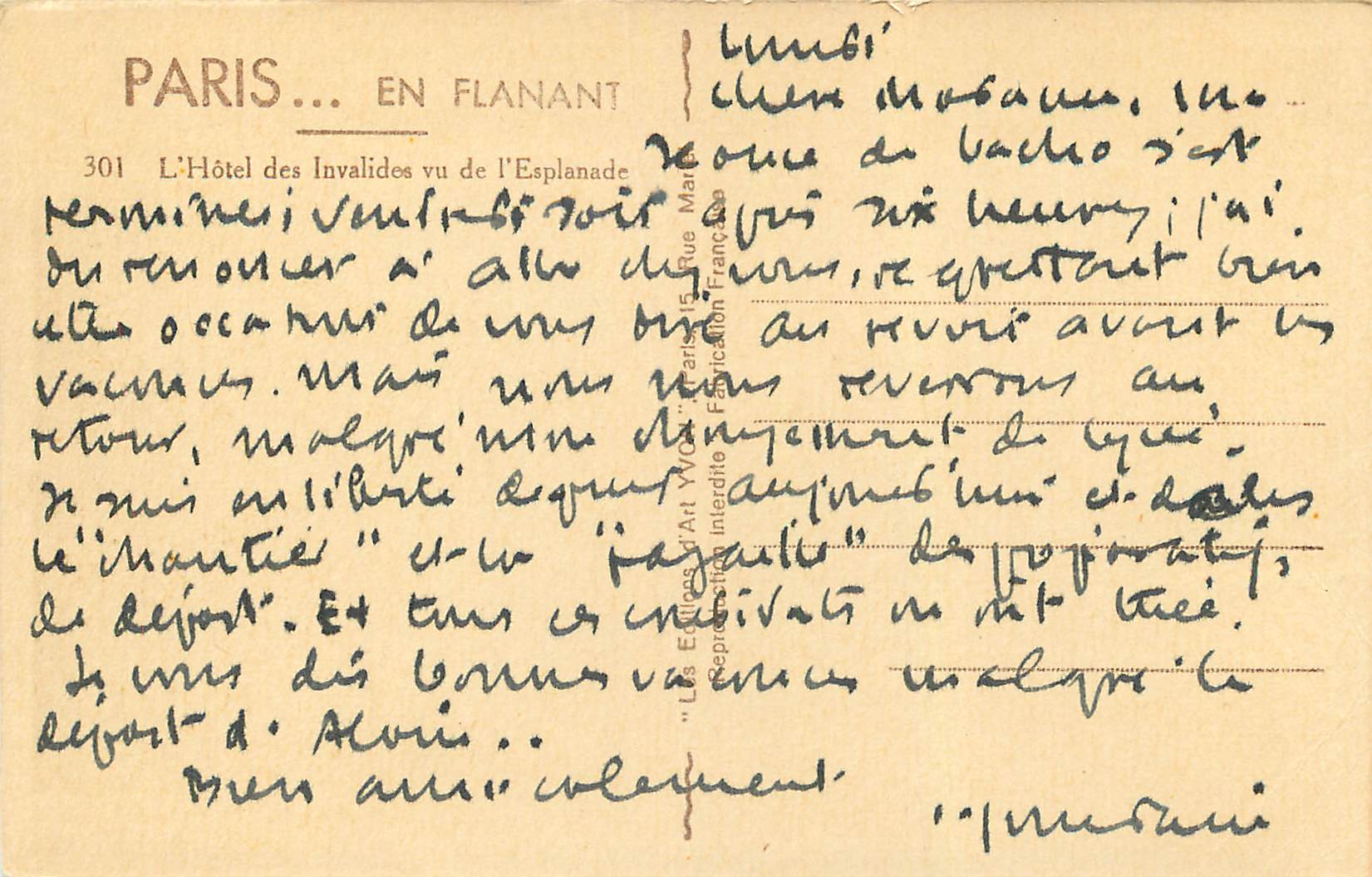 Paris — L'Hôtel des Invalides vu de l'Esplanade — Les Éditeurs d'Art VOGT, n° 301 — Reverso