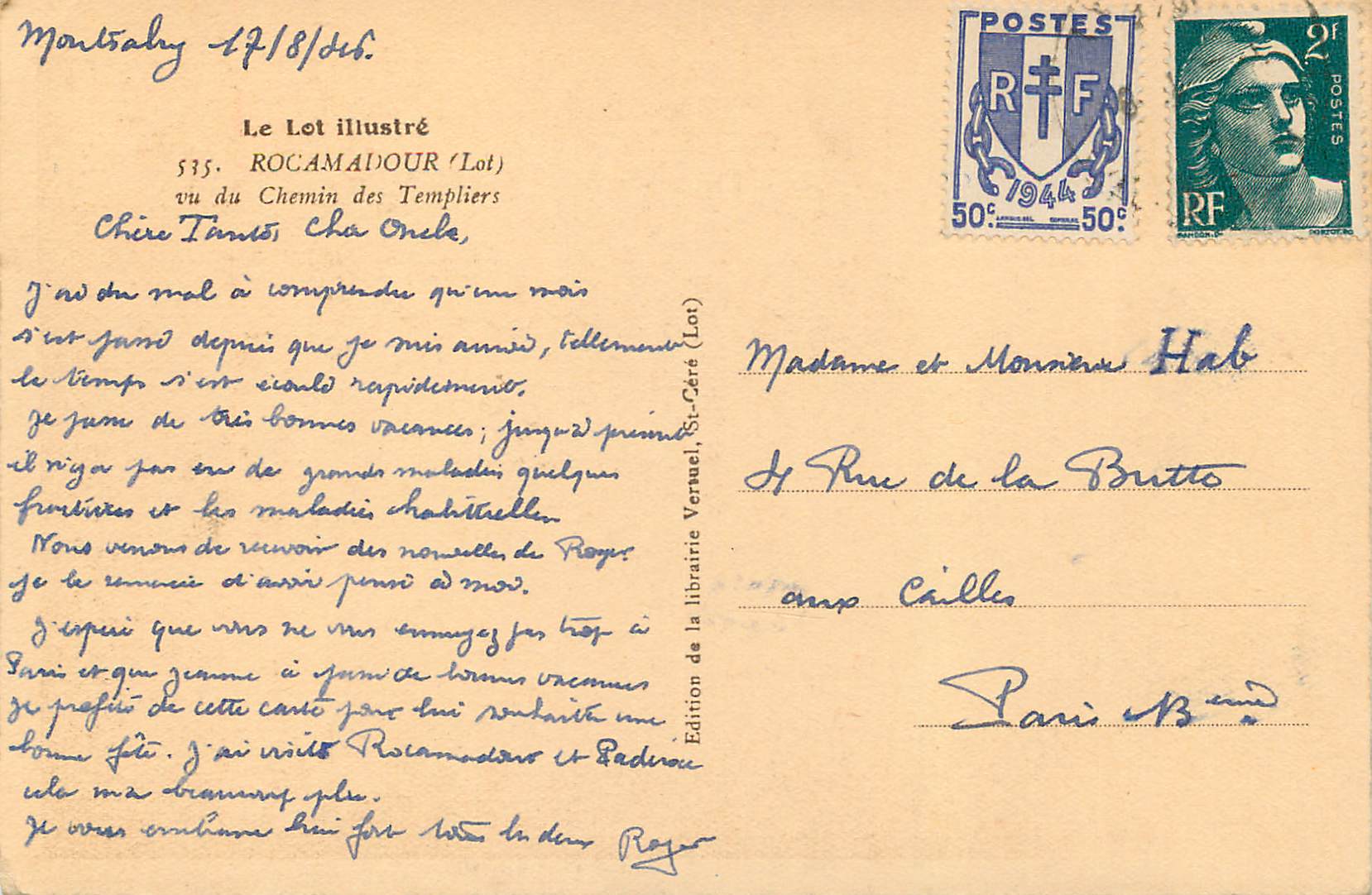 Rocamadour — vu du Chemin des Templiers — Édition de la librairie Vernel, St-Céré (Lot) — Verso