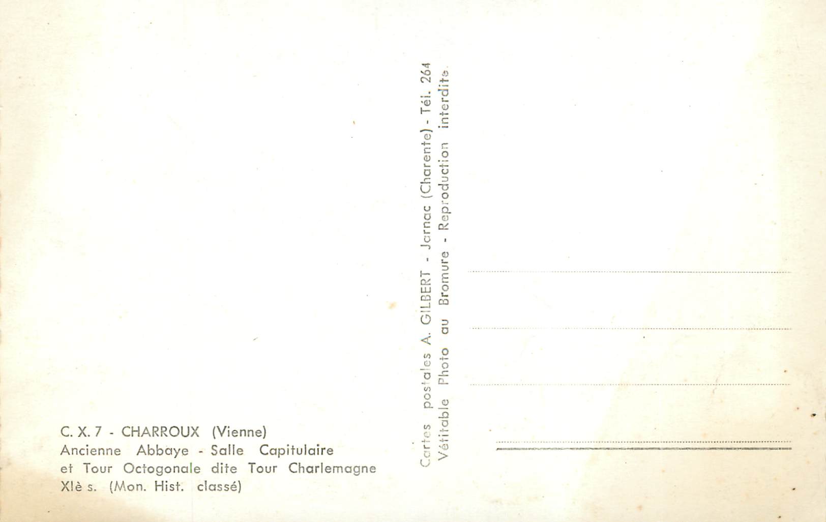 CPM Charroux (Vienne) Ancienne Abbaye Salle Capitulaire et Tour Octogonale dite Tour Charlemagne XIe S — Back