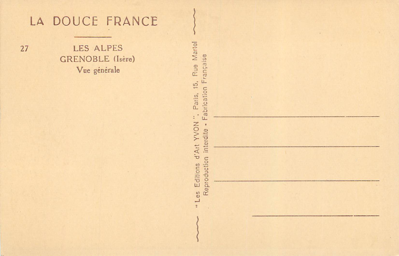 CPA La Douce France Les Alpes Grenoble (Isere) vue Generale — Verso