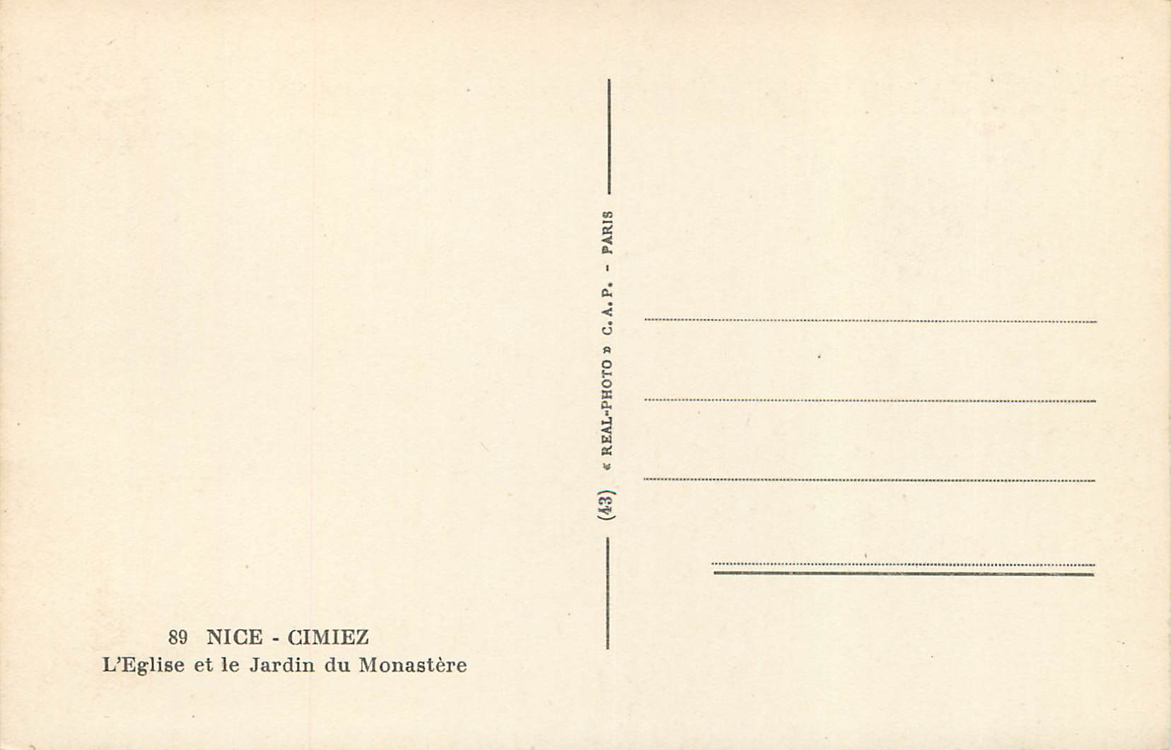 CPM Nice Cimiez L'Eglise et Le Jardin du Monastere — Rückseite