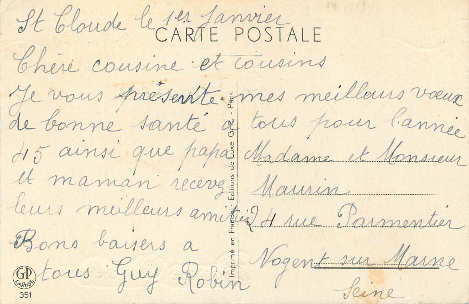 CPA Bonne Annee — Rückseite