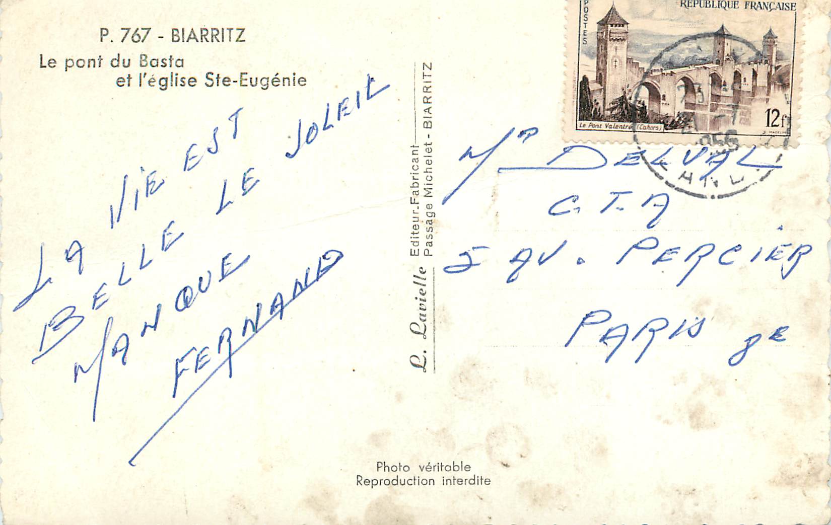 CPM Biarritz Le Pont du Basta et l'Eglise Ste Eugenie — Verso