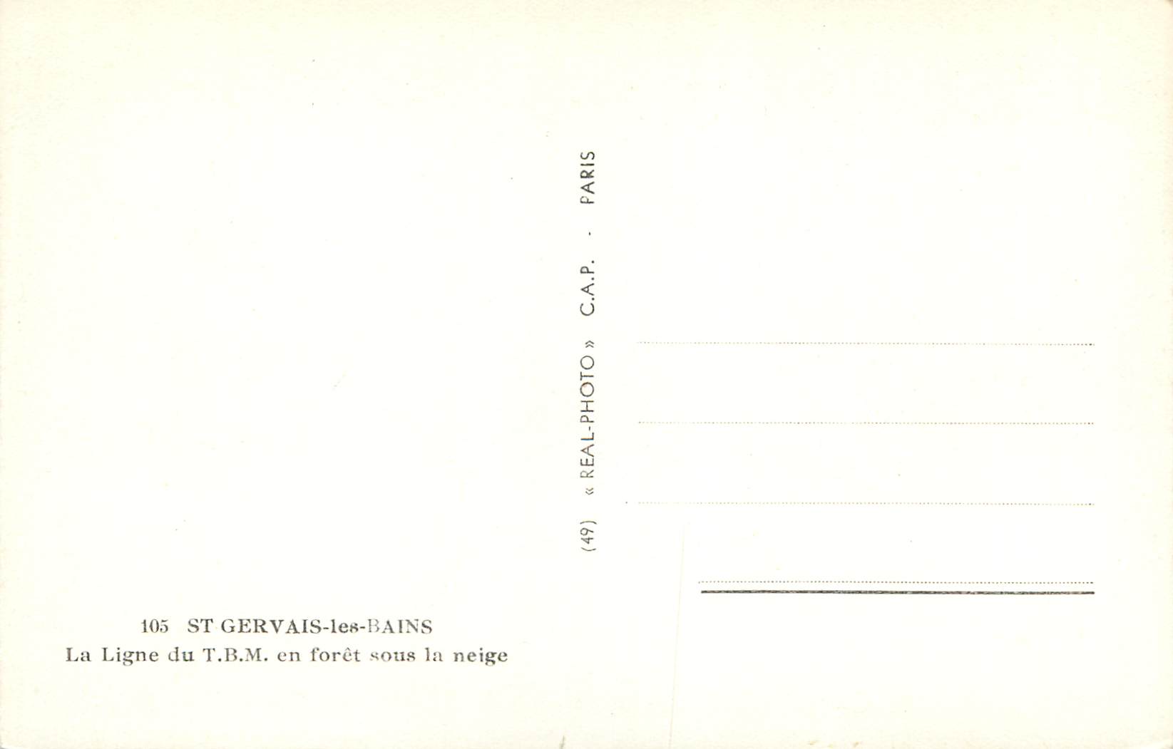 St Gervais-les-Bains — La Ligne du T.B.M. en forêt sous la neige — C.A.P. (49) — Verso