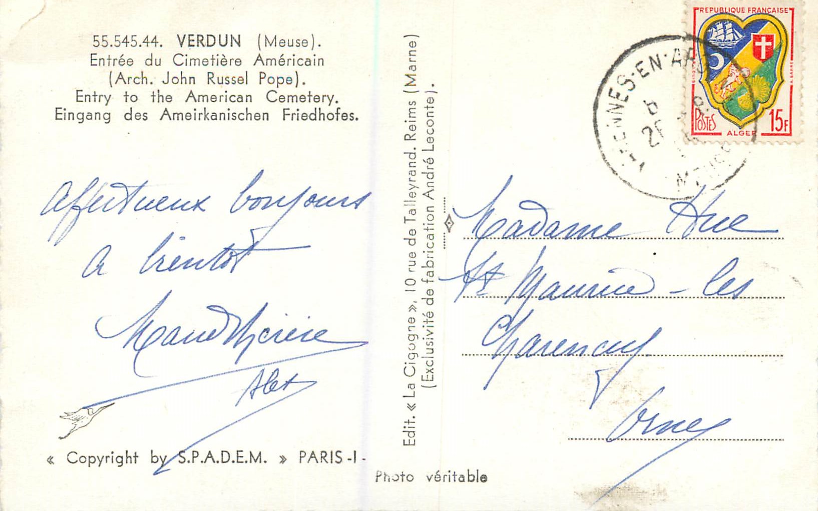 Monument aux Morts — La Cigogne — Edit. « La Cigogne », S.P.A.D.E.M. Paris — Rückseite