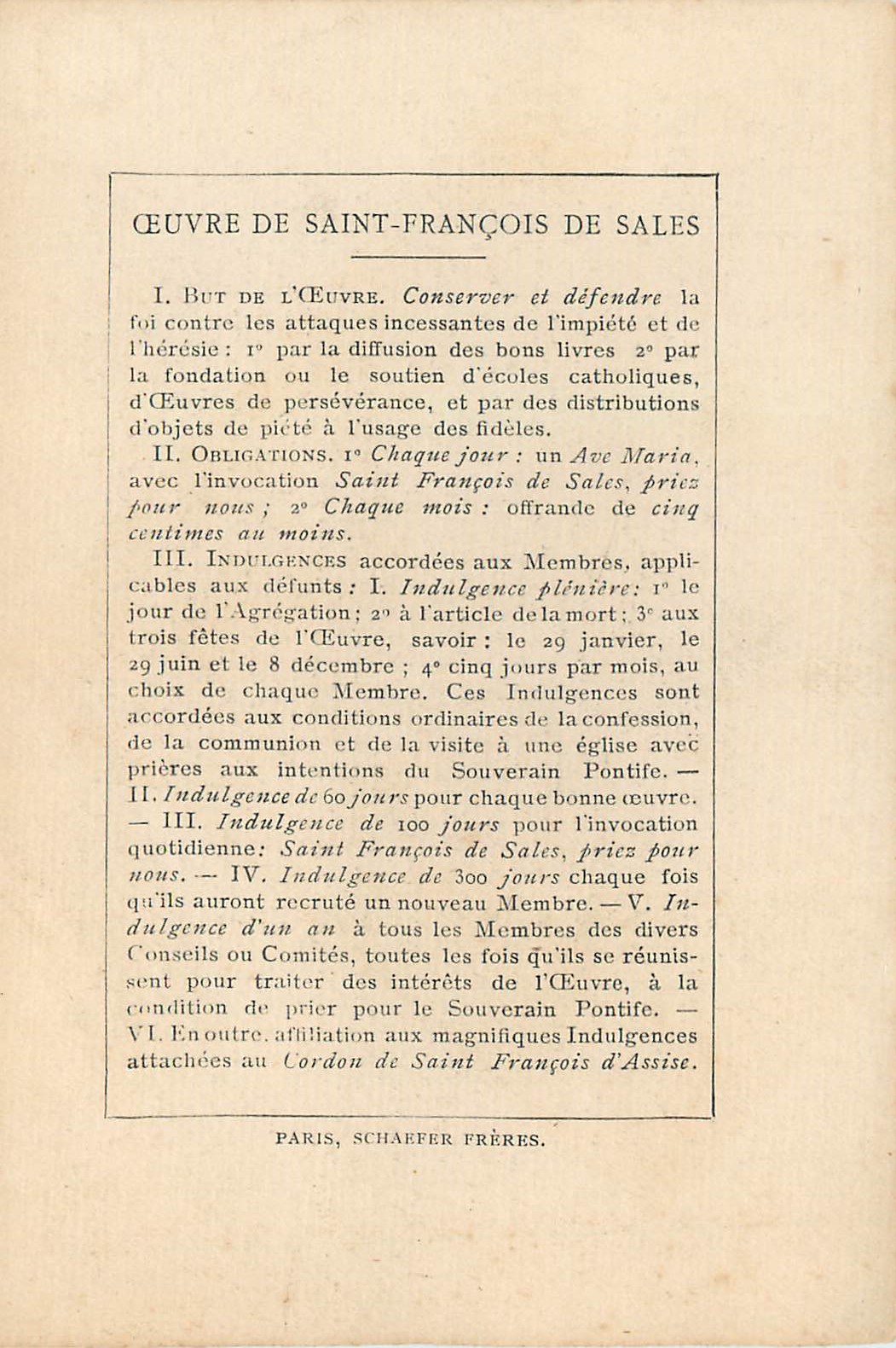 CPA St Francois de Sales Eveque et Prince de Geneve — Verso