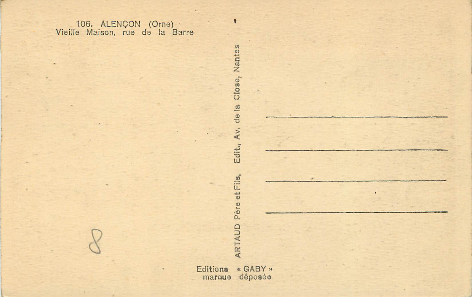 CPA Alencon (Orne) Vieille Maison Rue de la Barre — Rückseite