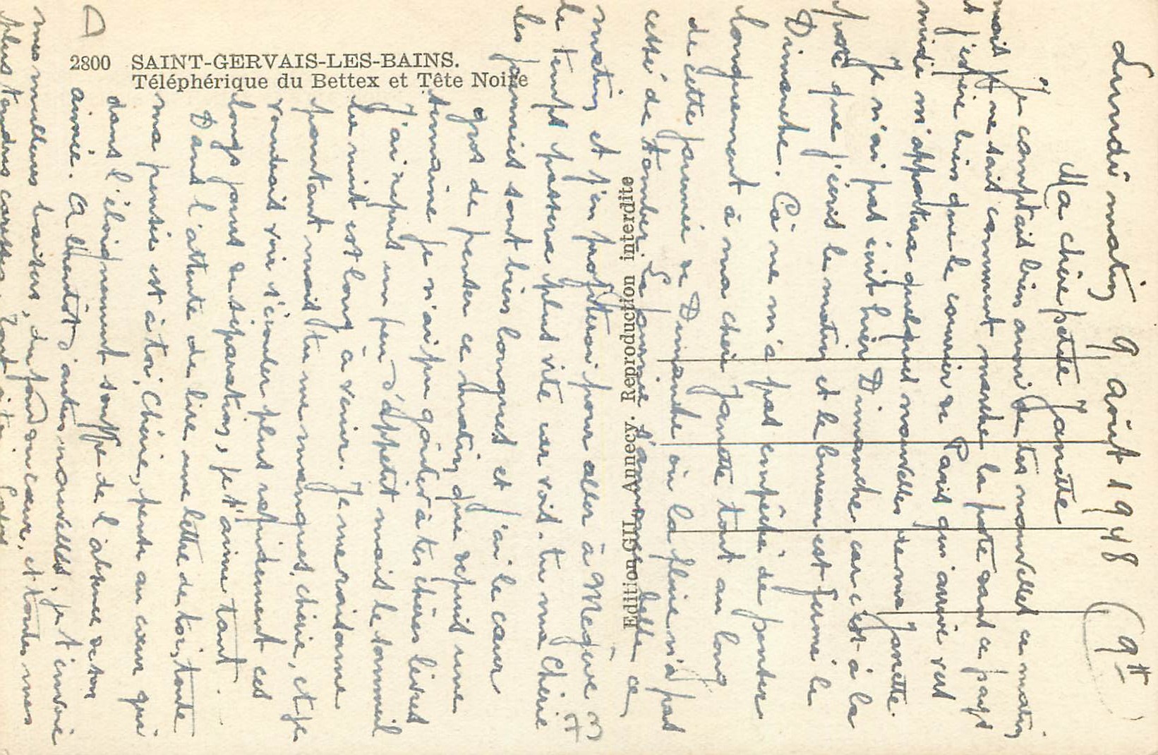 Saint-Gervais-les-Bains — Téléphérique du Bettex et Tête Noire — Édition GIL, Annecy, n° 43 — Verso