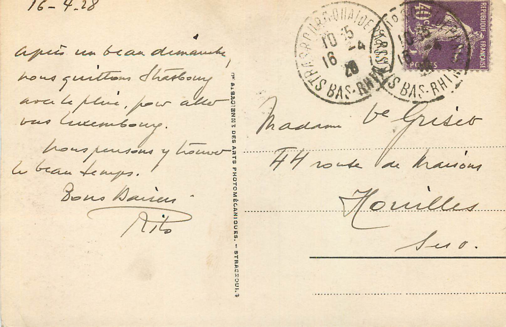 Strasbourg - L'Université — éditeur : 'Imprimerie des Arts Photomécaniques - Strasbourg' n°54 — Rückseite