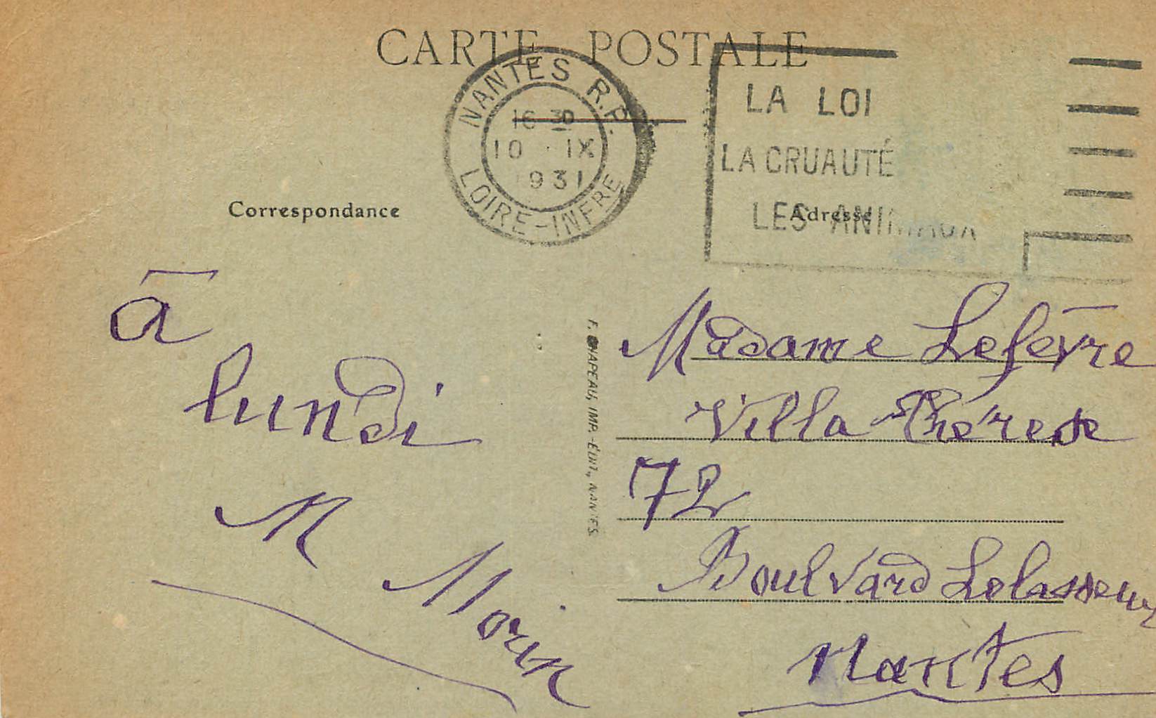 CPA Nantes Place Lafayette La Genarmerie La Maison d'Arrret et Le Palais de Justice — Rückseite