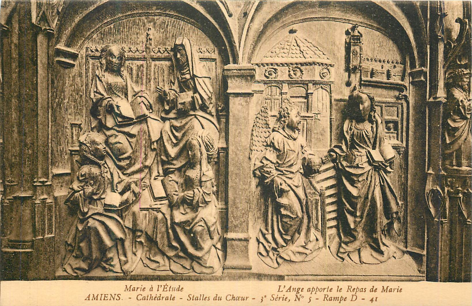 CPA Amiens Cathedrale Stalles du Choeur Marie a L'Etude l'Ange apporte le Repas de Marie