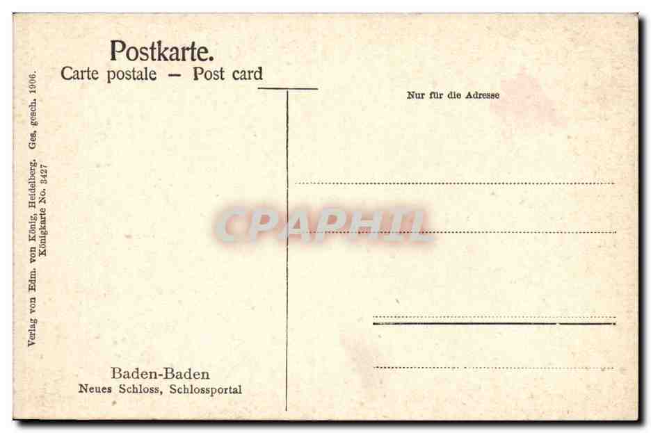 Baden-Baden- Neues Schloss-Schlossportal- CPA — Rückseite