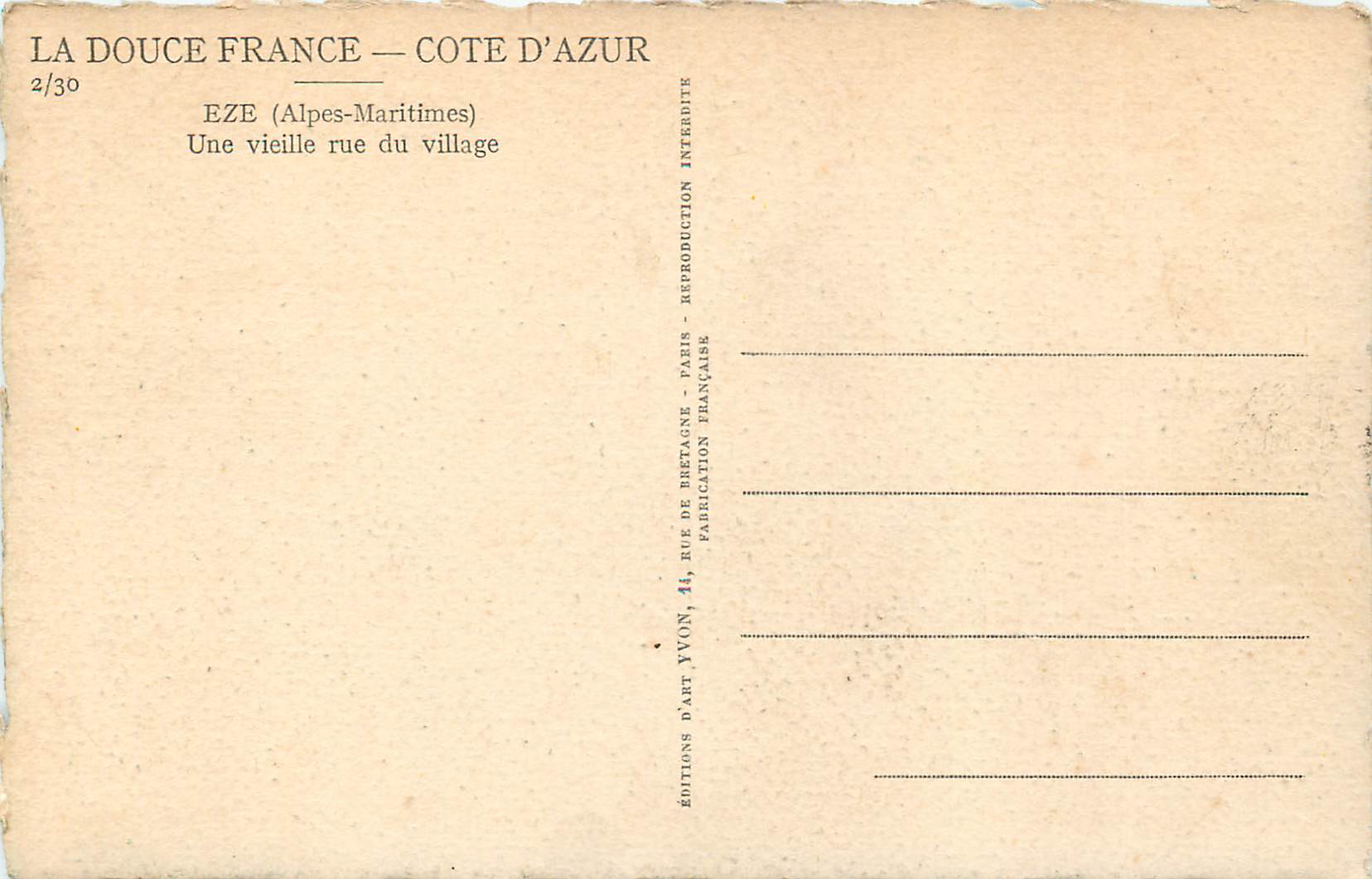 CPA Eze (Alpes Maritimes) une Vieille Rue du Village la Douce France Cote d'Azur — Rückseite