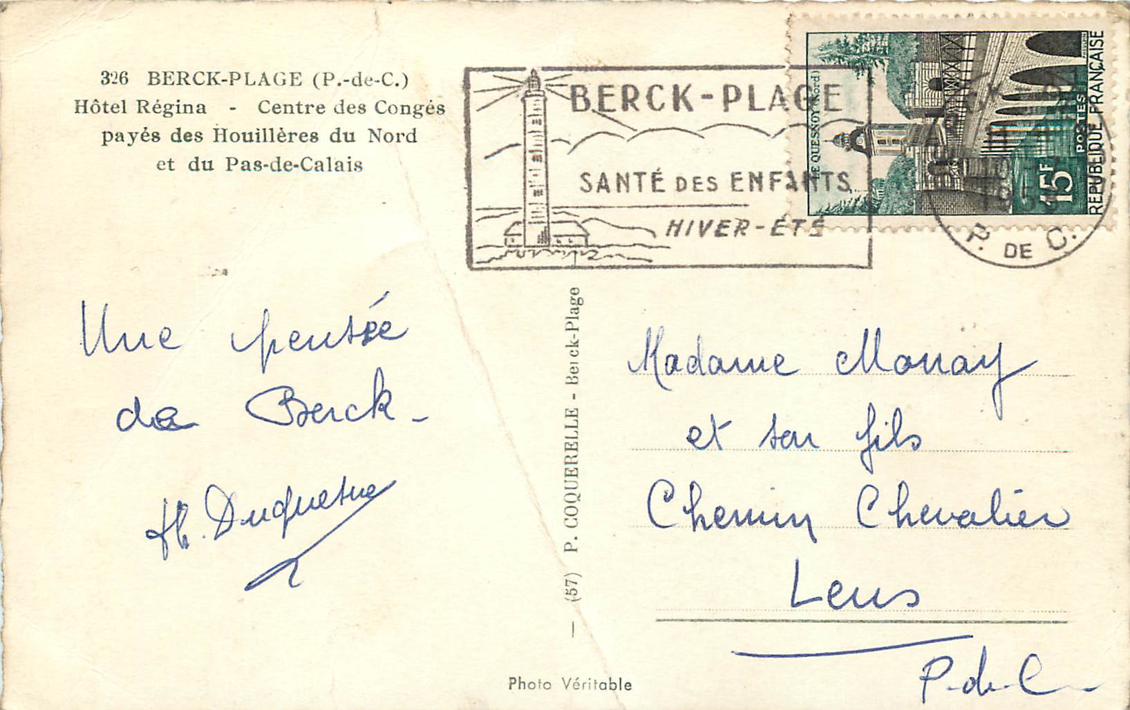 CPM Berck Plage (P de C) Hotel Regina Centre des Conges payes des Houilleres du Nord et du Pas de Calais — Back