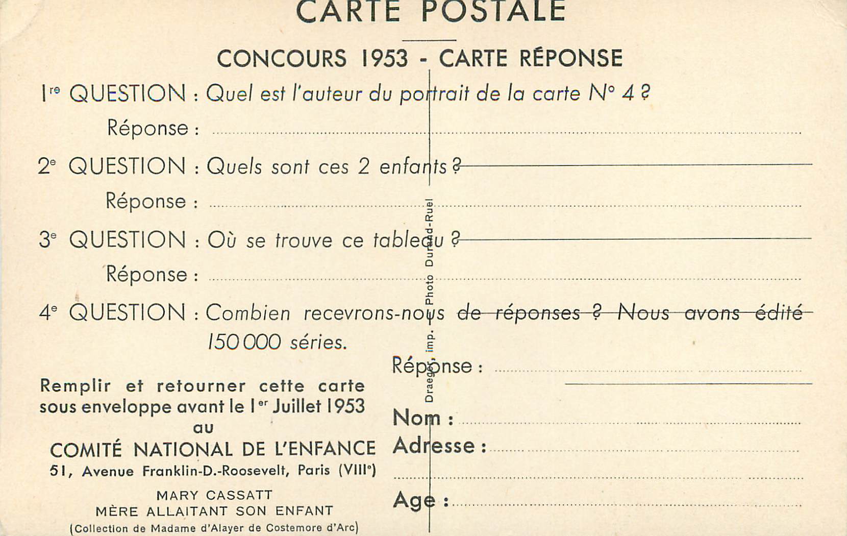 CPA Mary Cassatt Mere Allaitant son Enfant Collection de Madame d'Alayer de Costemore d'Arc — Rückseite
