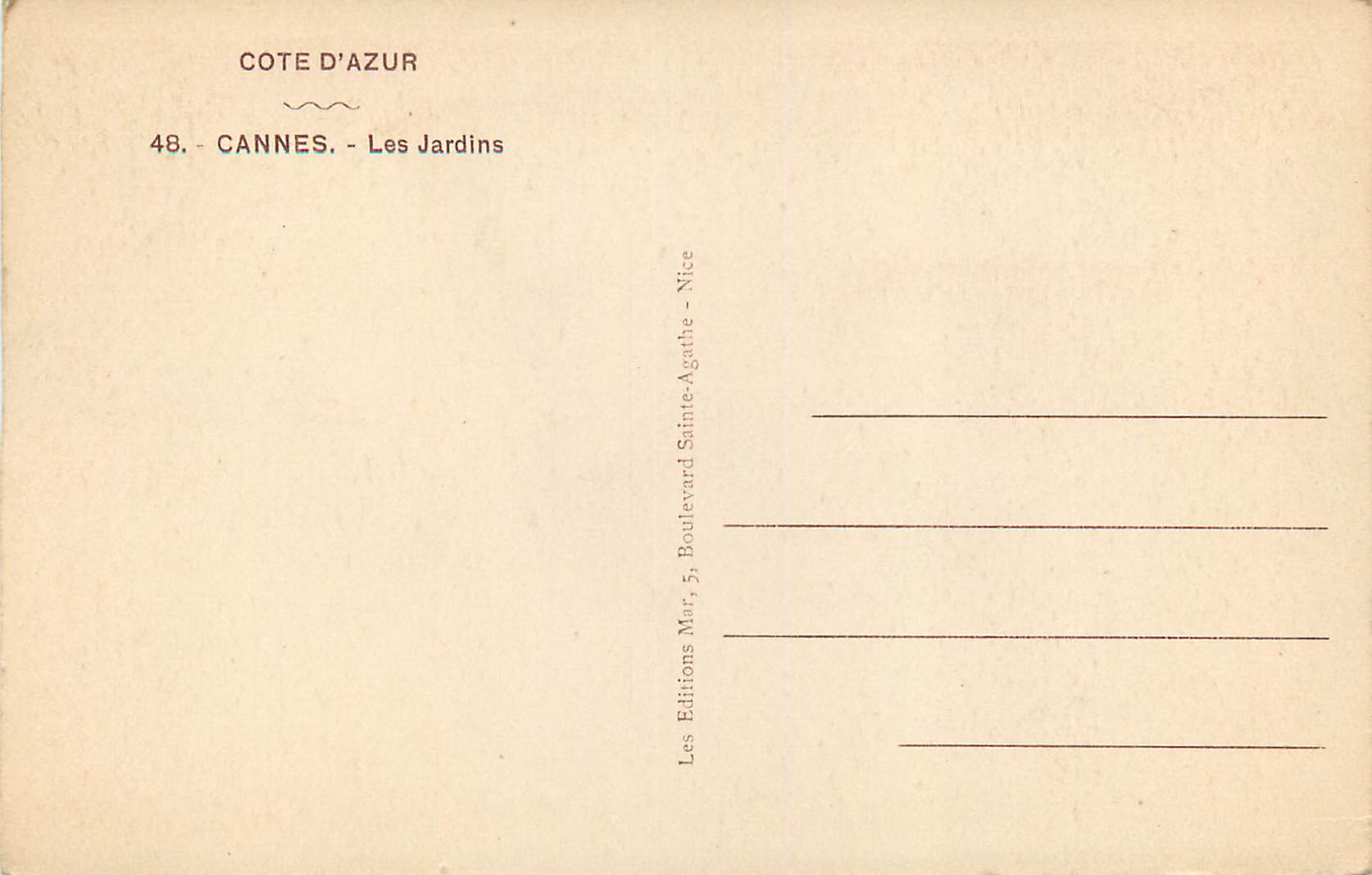 CPA Cote d'Azur Cannes Les Jardins — Verso