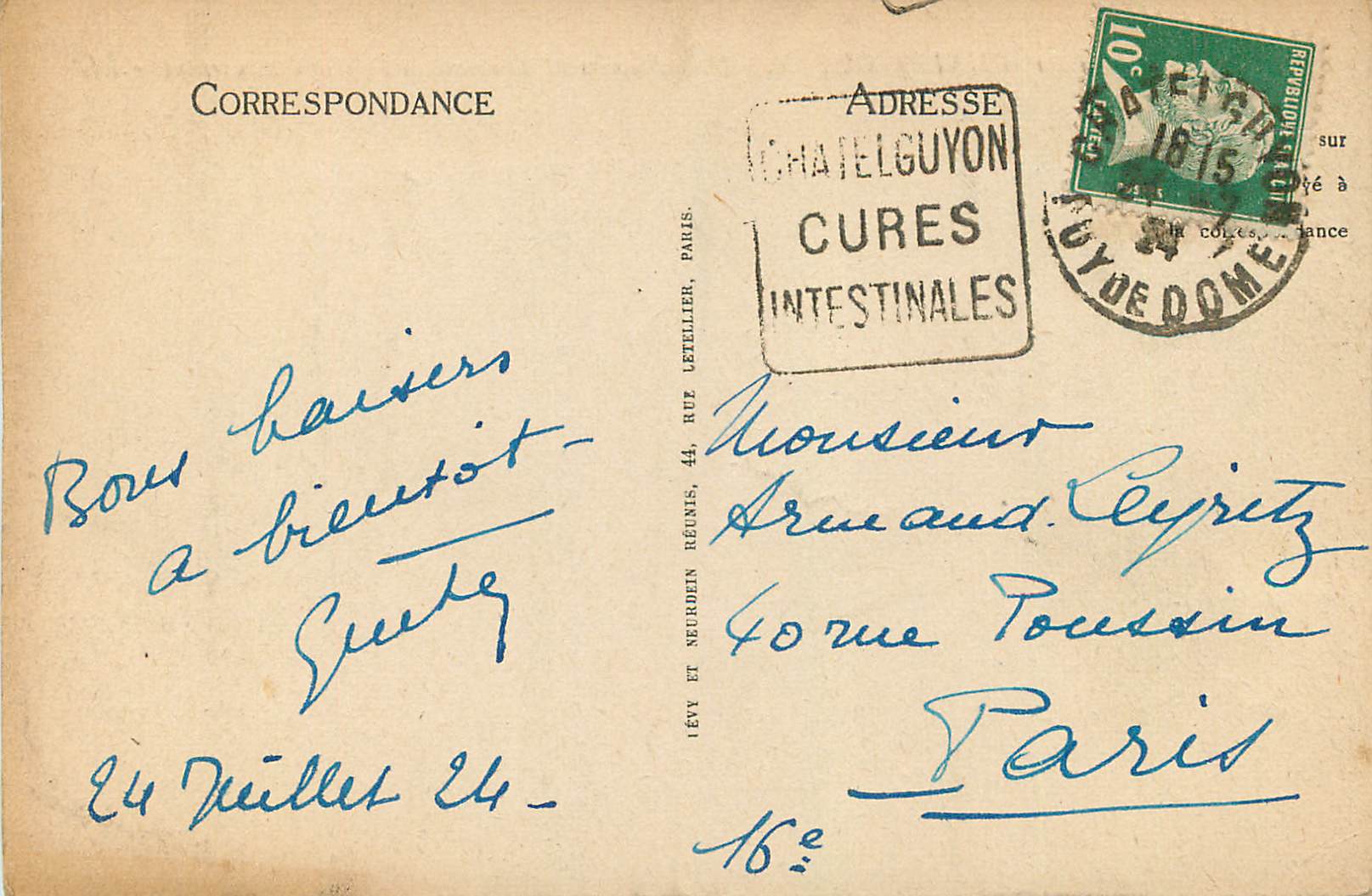 CPA Chatel Guyon L'Etablissement Thermal et L'Hotel Continental — Rückseite