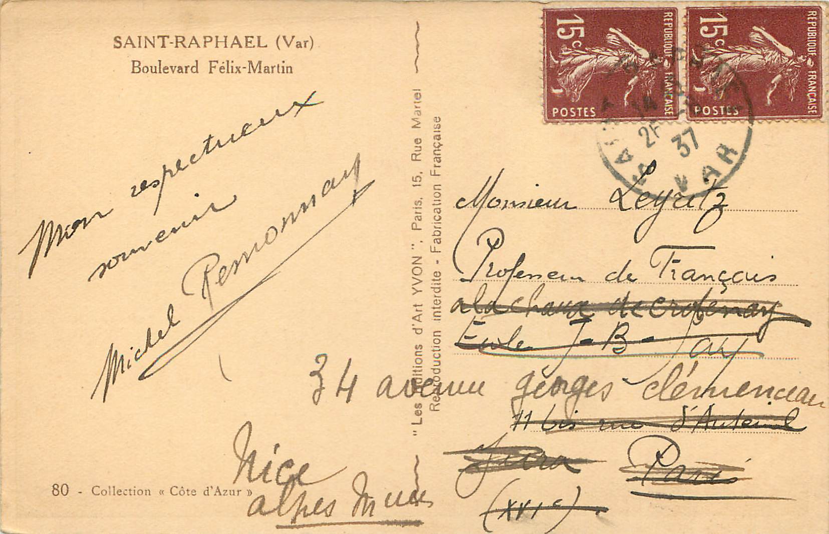 CPA Saint Raphael (Var) Boulevard Felix Martin — Rückseite