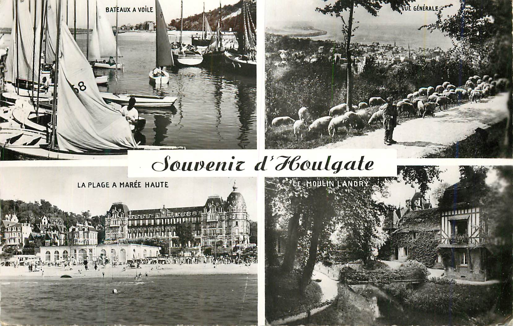 CPM Souvenir de Houlgate Bateaux a voile Vue generale La plage a maree haute Le moulin Landry Moutons