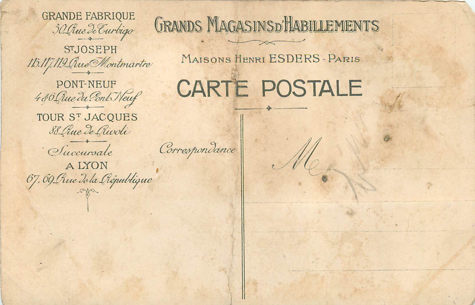CPA Les Billes Grands Magasins d'Habillements Maison Henri Esders Paris — Back