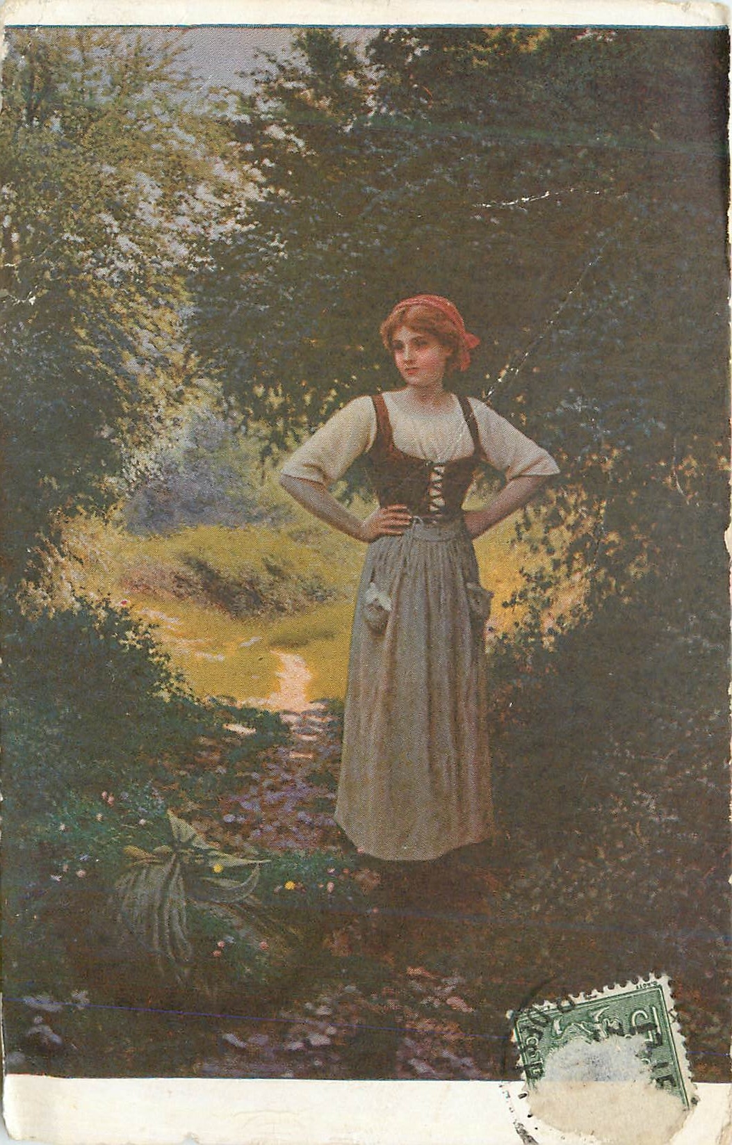 Jeune femme en costume traditionnel — dans un paysage forestier — C. Bellanger, n° non visible