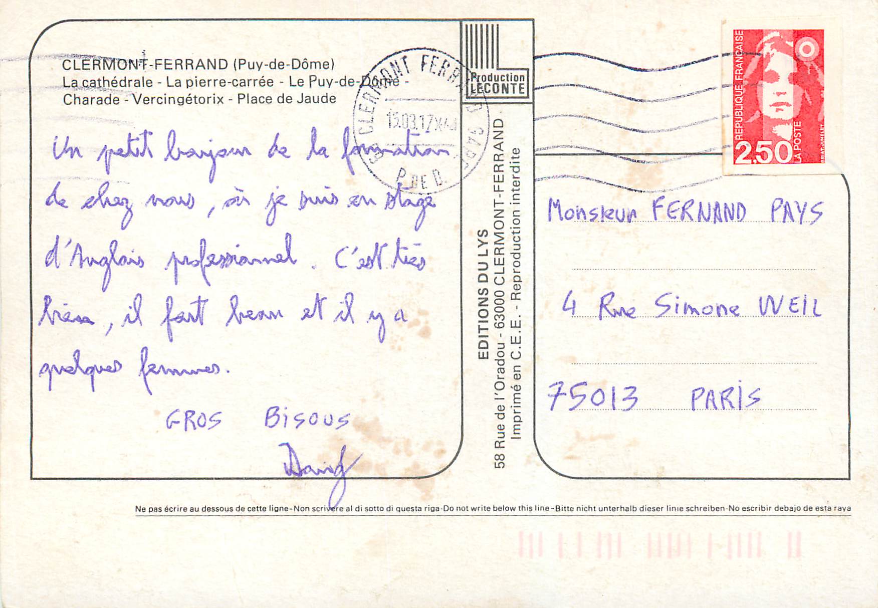 Clermont-Ferrand — vue aérienne, cathédrale, Puy-de-Dôme, statue équestre, monument — Éditions du Lys — Verso